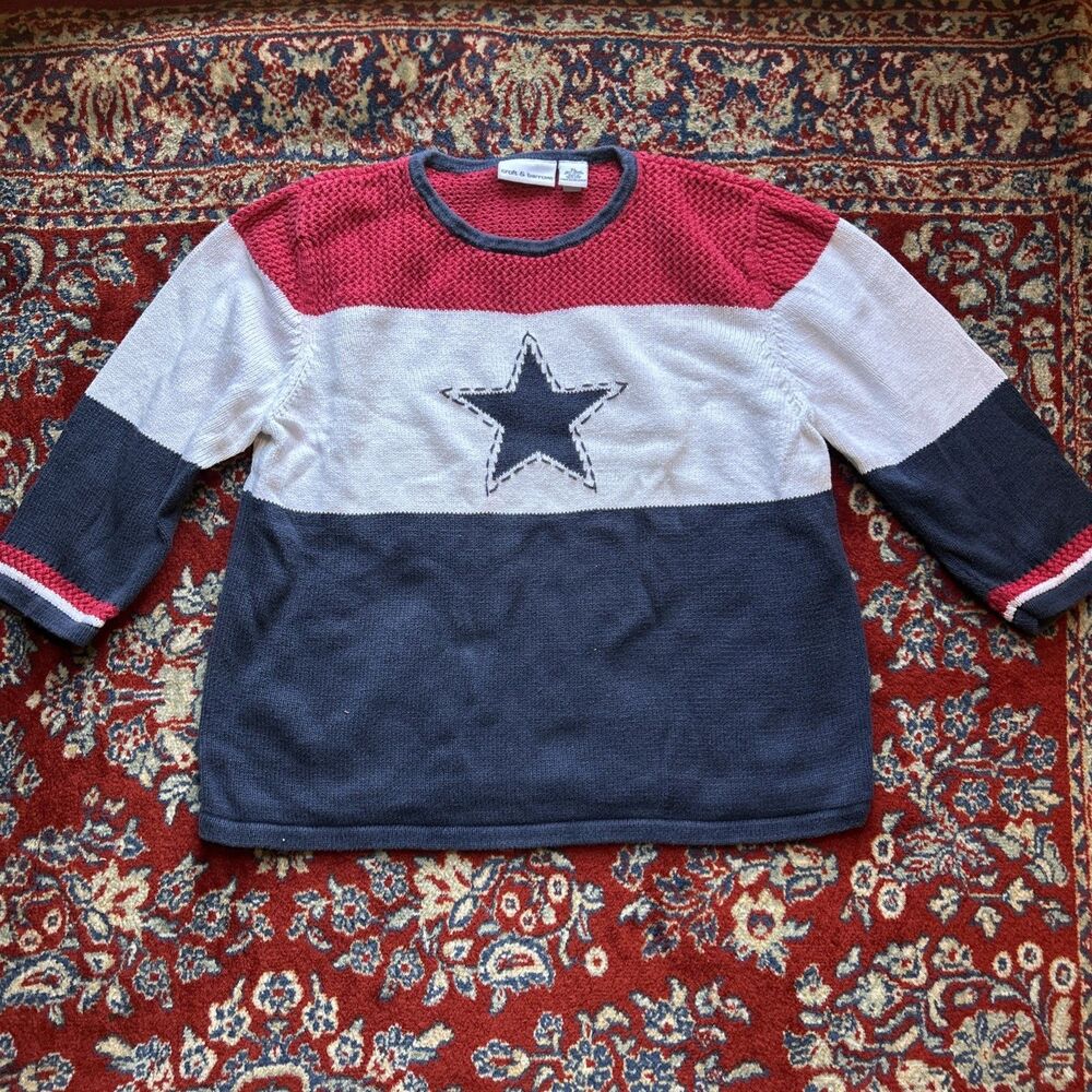 croft & barrow Red White Navy Star Colorblock Pullover